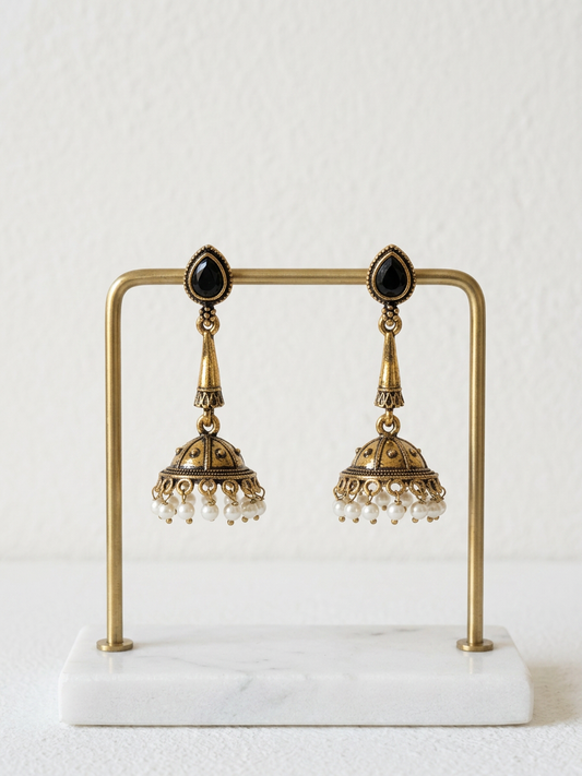 Teardrop Stone Antique Gold Pearl Jhumka Earrings
