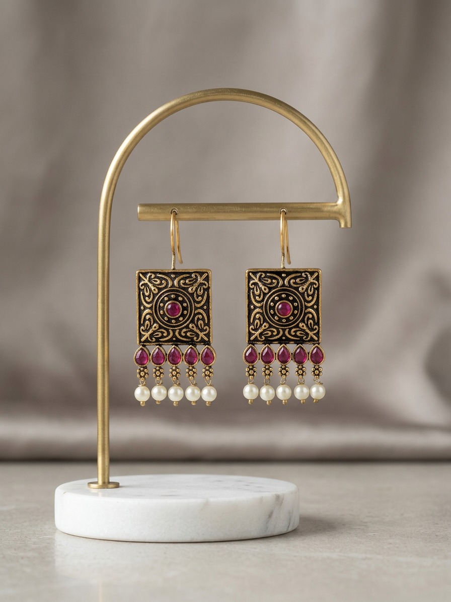Square Carved Antique Stone & Pearl Wire Earrings