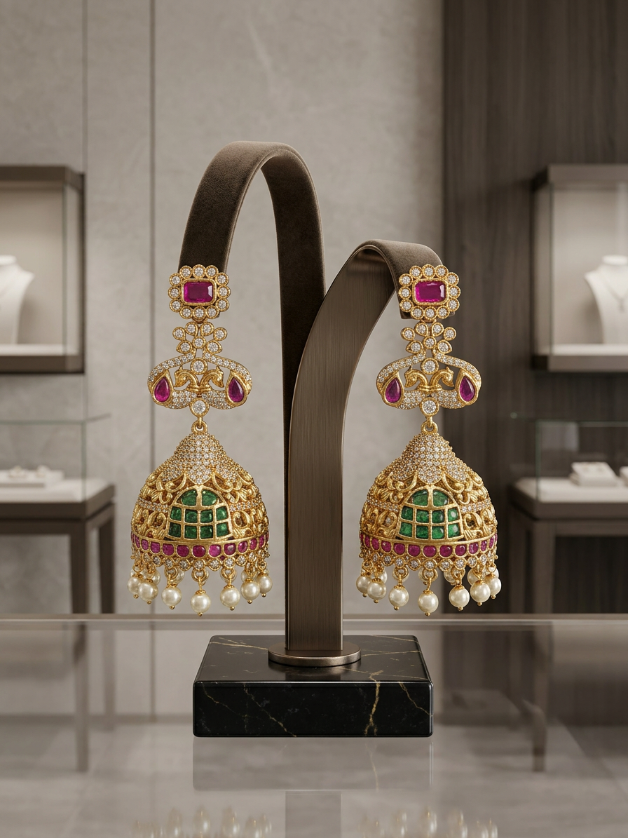 Devsena Regal CZ & Multi-Stone Bridal Jhumka Earrings