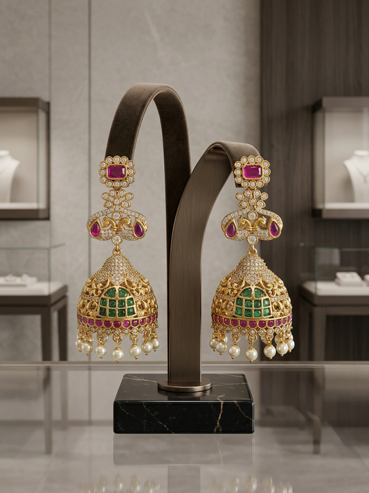 Devsena Regal CZ & Multi-Stone Bridal Jhumka Earrings