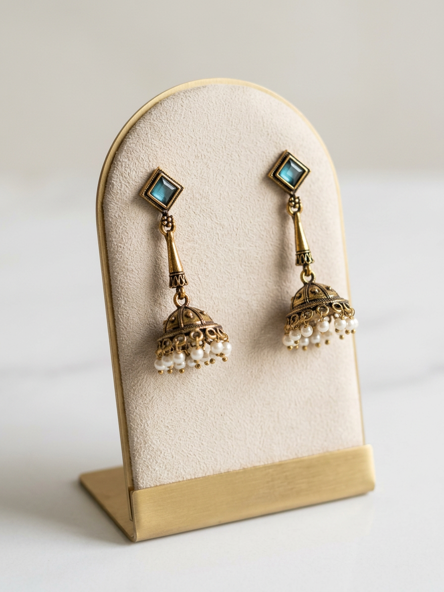Rhombus Stone Antique Gold Pearl Jhumka Earrings