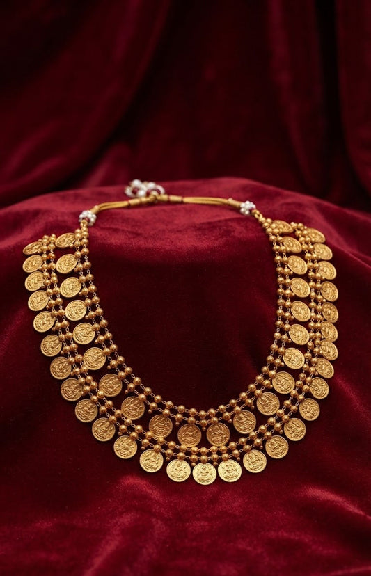 Grand Double-Layered Antique Gold Kasu Mala & Jhumka Set