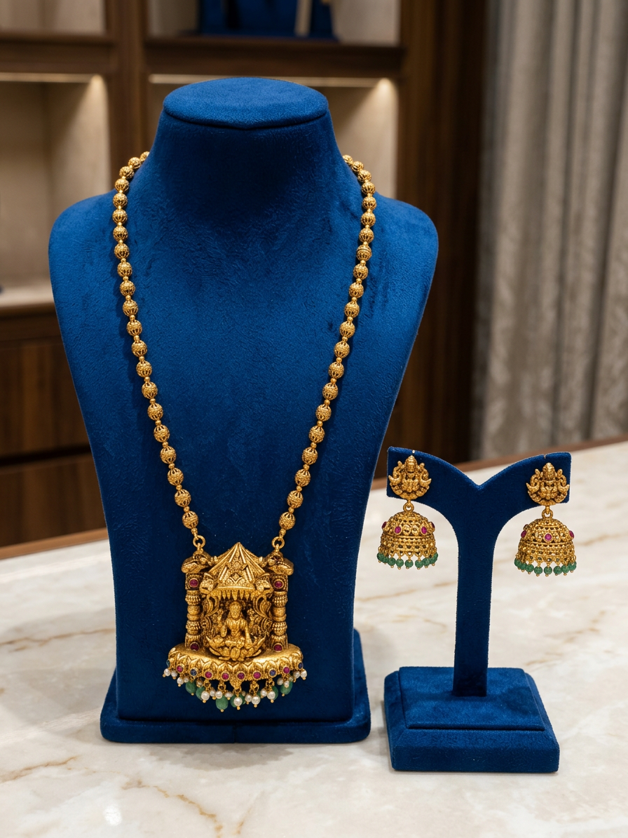 Divine Lakshmi Temple Antique Gold Haram & Jhumka Set