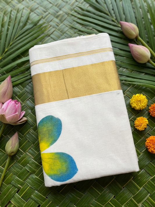 Anika Blue & Yellow Floral Painted Kasavu Cotton Saree