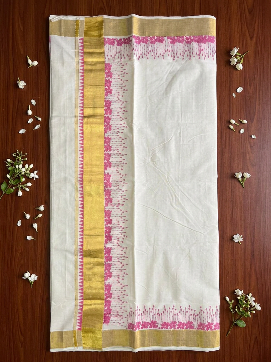 Fuchsia Flora Temple Border Kasavu Saree