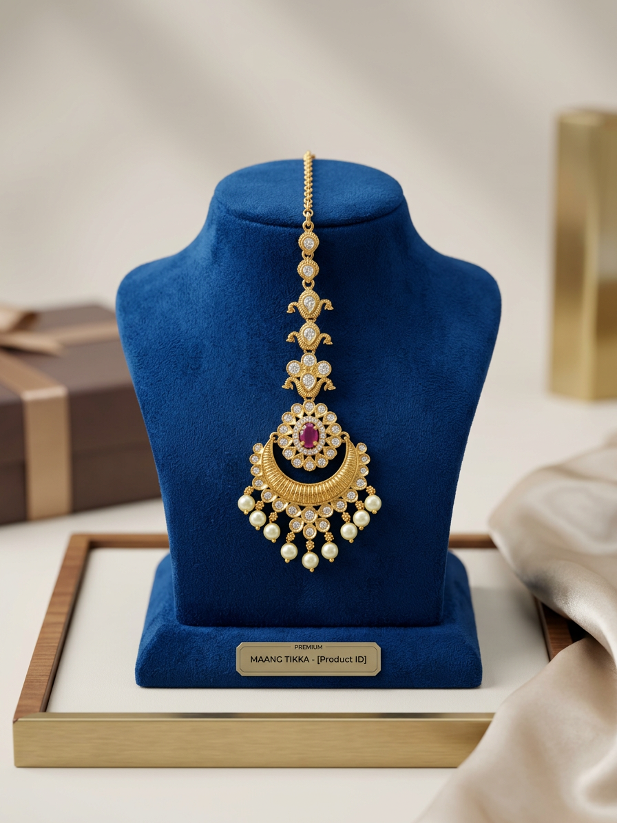 Textured Crescent CZ Maang Tikka with Pearl Drops