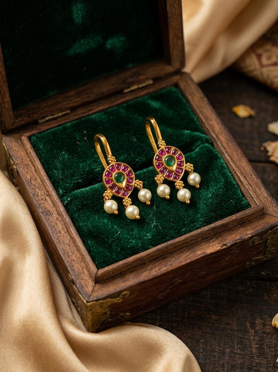 Traditional Antique Gold Teardrop Halo Clip-On Bugadi with Emerald, Ruby & Pearls