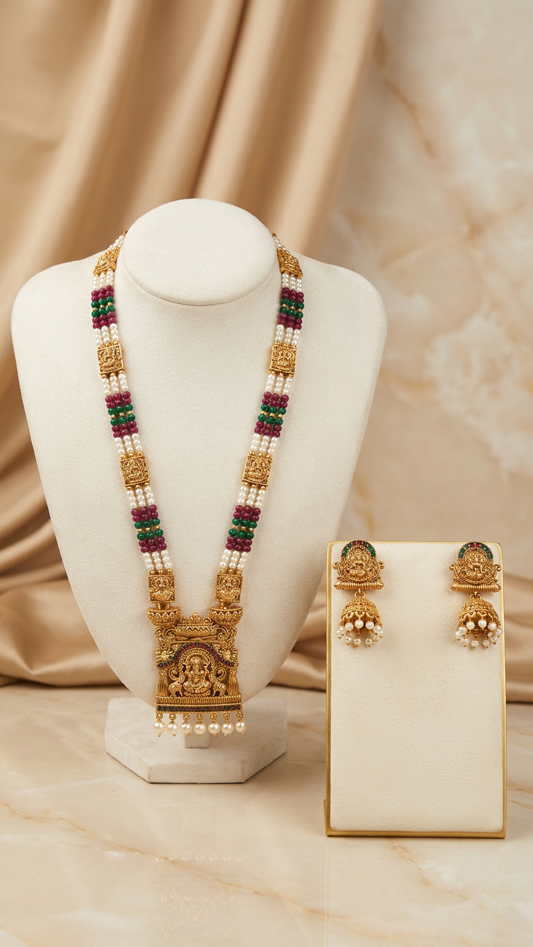 Ganesha Antique Temple Beaded Pearl Mala Set