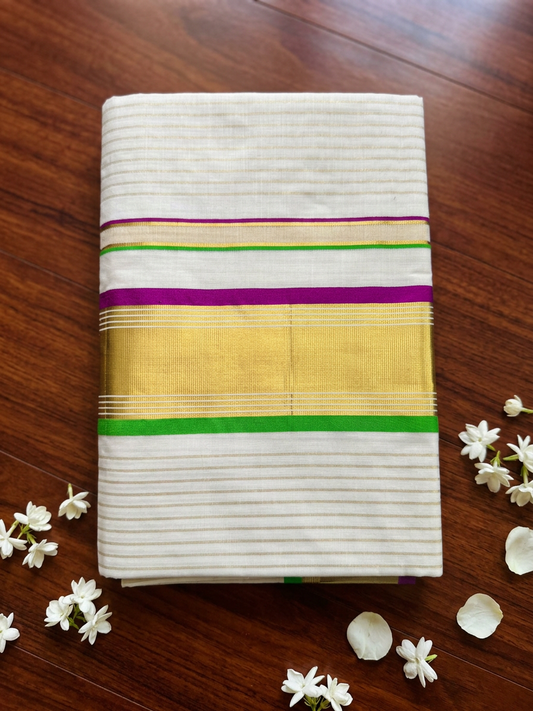 Off-White Cotton Saree with Fine Gold Zari Stripes, Resplendent Broad Gold Border, and Striking Purple and Green Edge Detailing