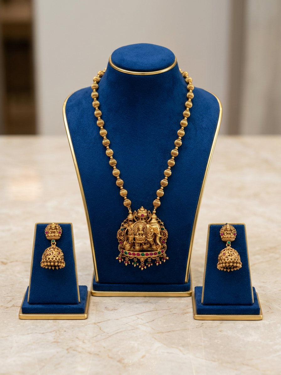 Antique Gold Elephant & Lakshmi Temple Haram Necklace Set with Jhumkas