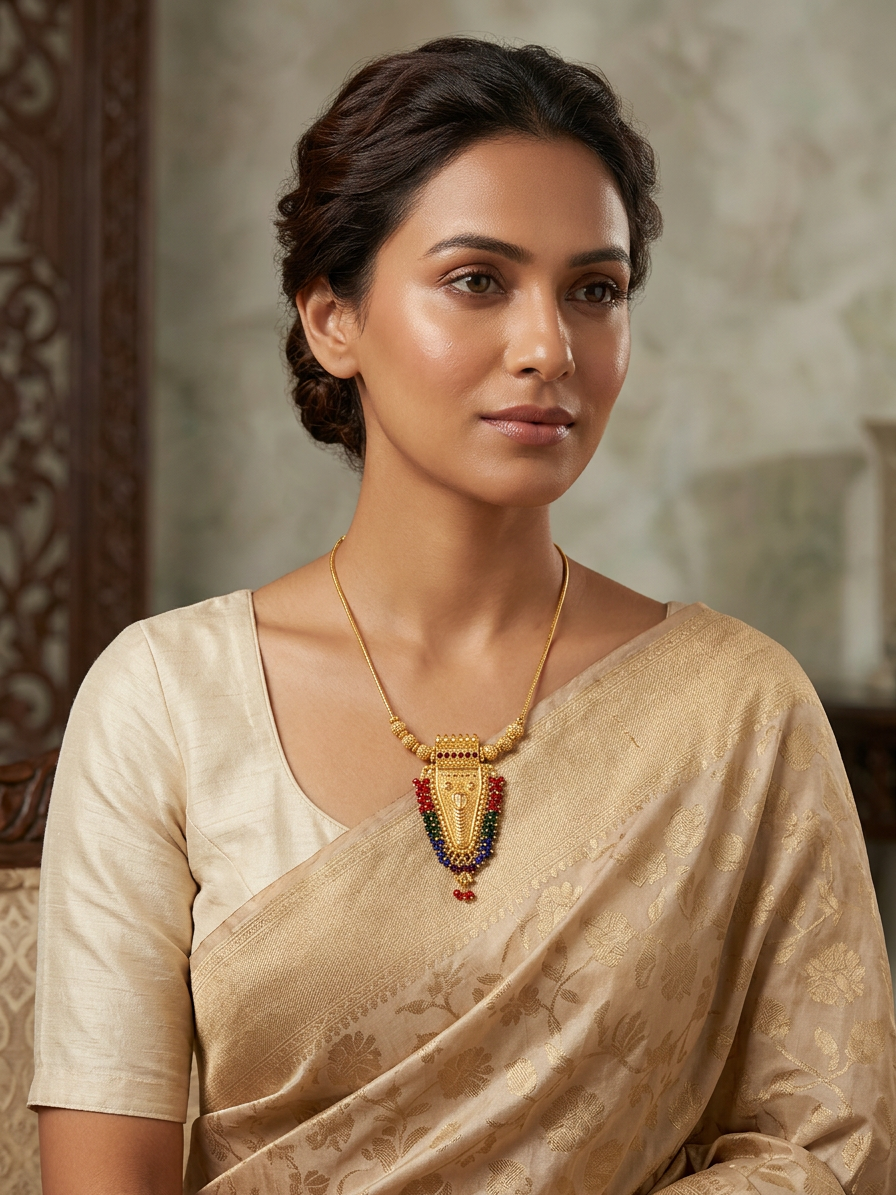 Traditional Gold Multi-Gemstone Fringed Pendant Necklace