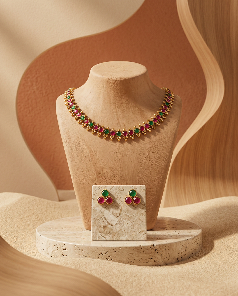 Gold Ruby & Emerald Cabochon Necklace Set