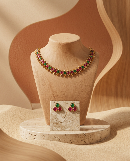 Gold Ruby & Emerald Cabochon Necklace Set