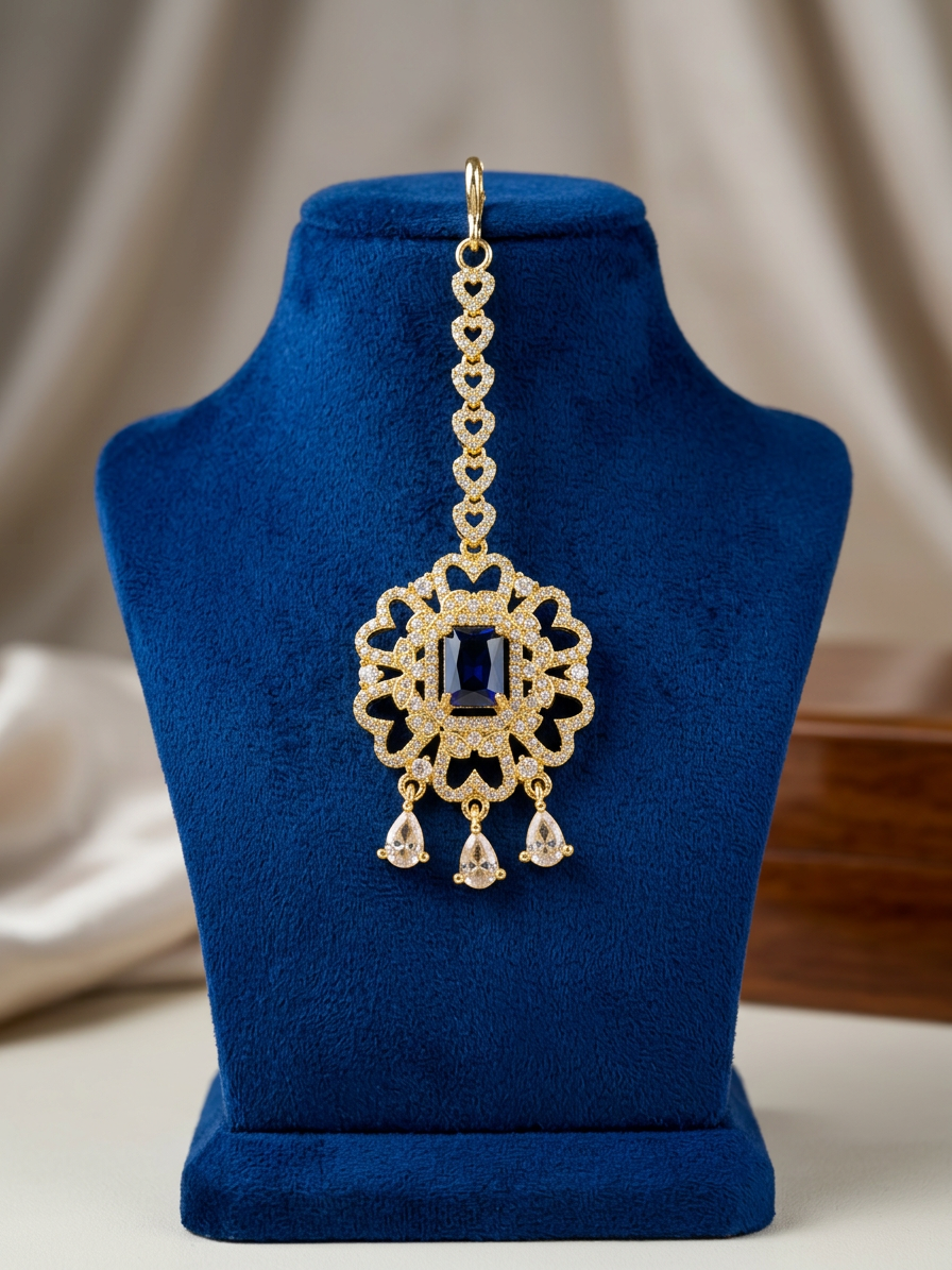 Elegant CZ & Rectangular Gemstone Floral Maang Tikka