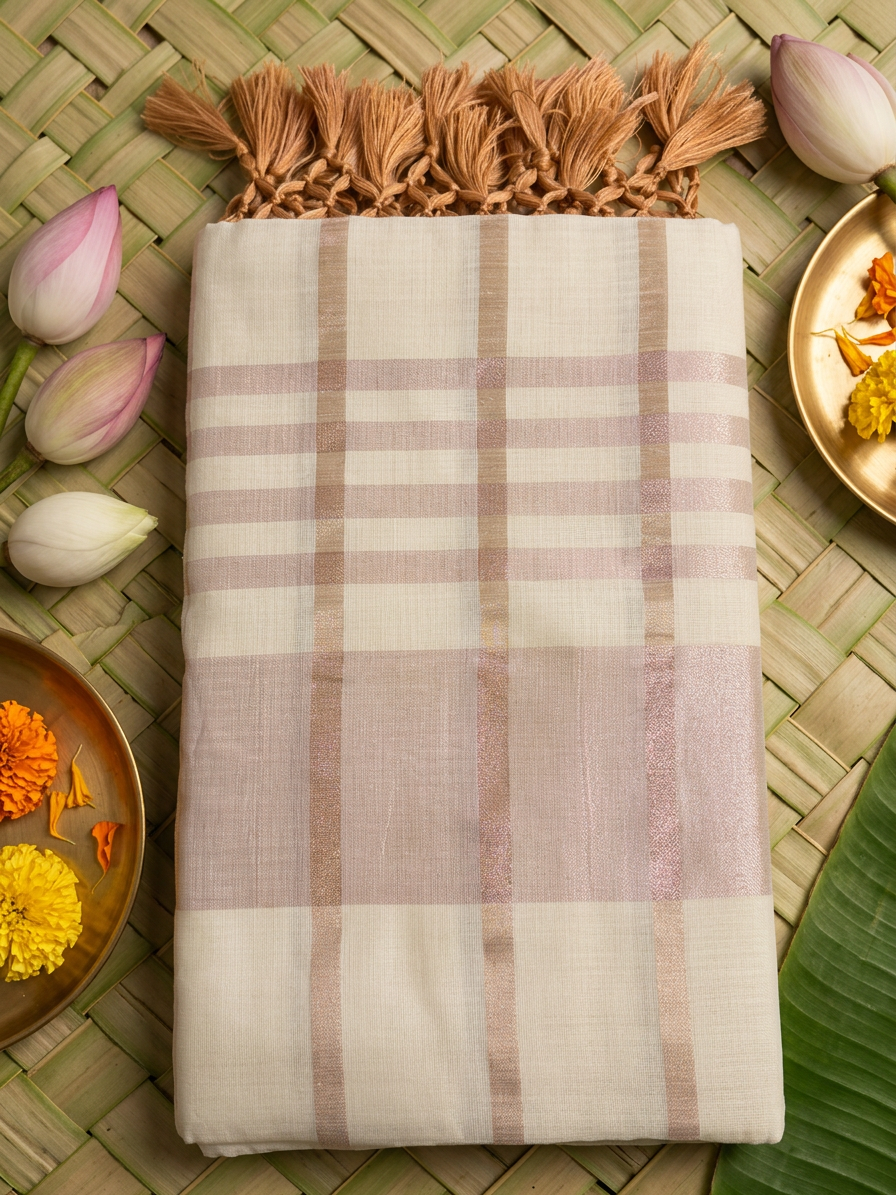 Kaira Rose Gold & Ivory Striped Tissue Saree with Macrame Tassels