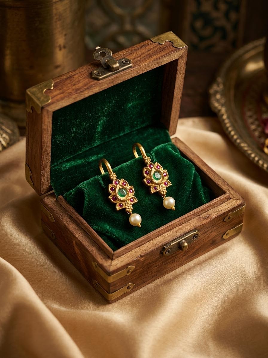 Traditional Antique Gold Lotus Motif Clip-On Bugadi with Emerald, Ruby & Pearl Drop