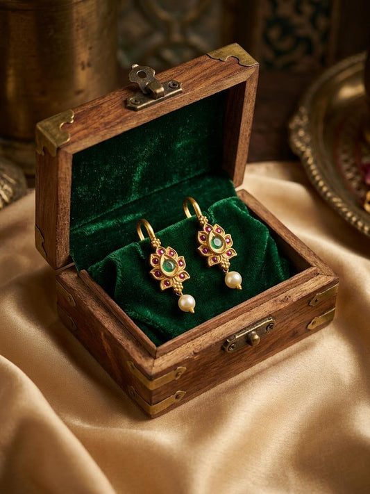 Traditional Antique Gold Lotus Motif Clip-On Bugadi with Emerald, Ruby & Pearl Drop