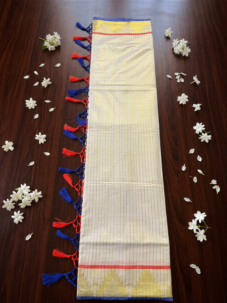 Vibrant Stripe Kasavu Saree with Hand-Knotted Tassels and Temple Border - Tissue Cotton