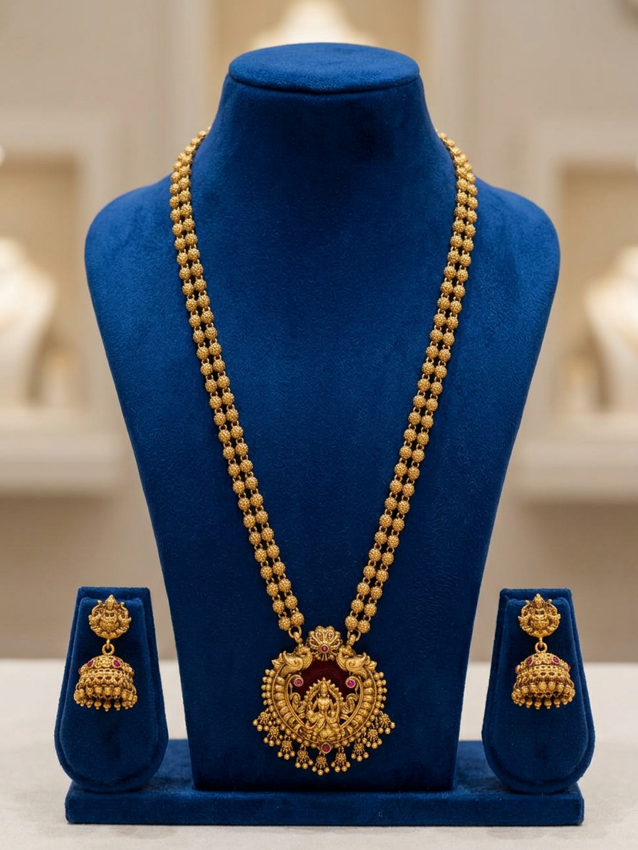 Dual-Strand Antique Gold Lakshmi Pendant Haram & Jhumka Set