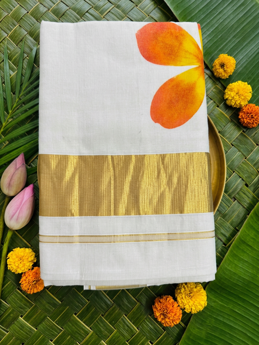 Surya Orange & Yellow Floral Painted Kasavu Cotton Saree