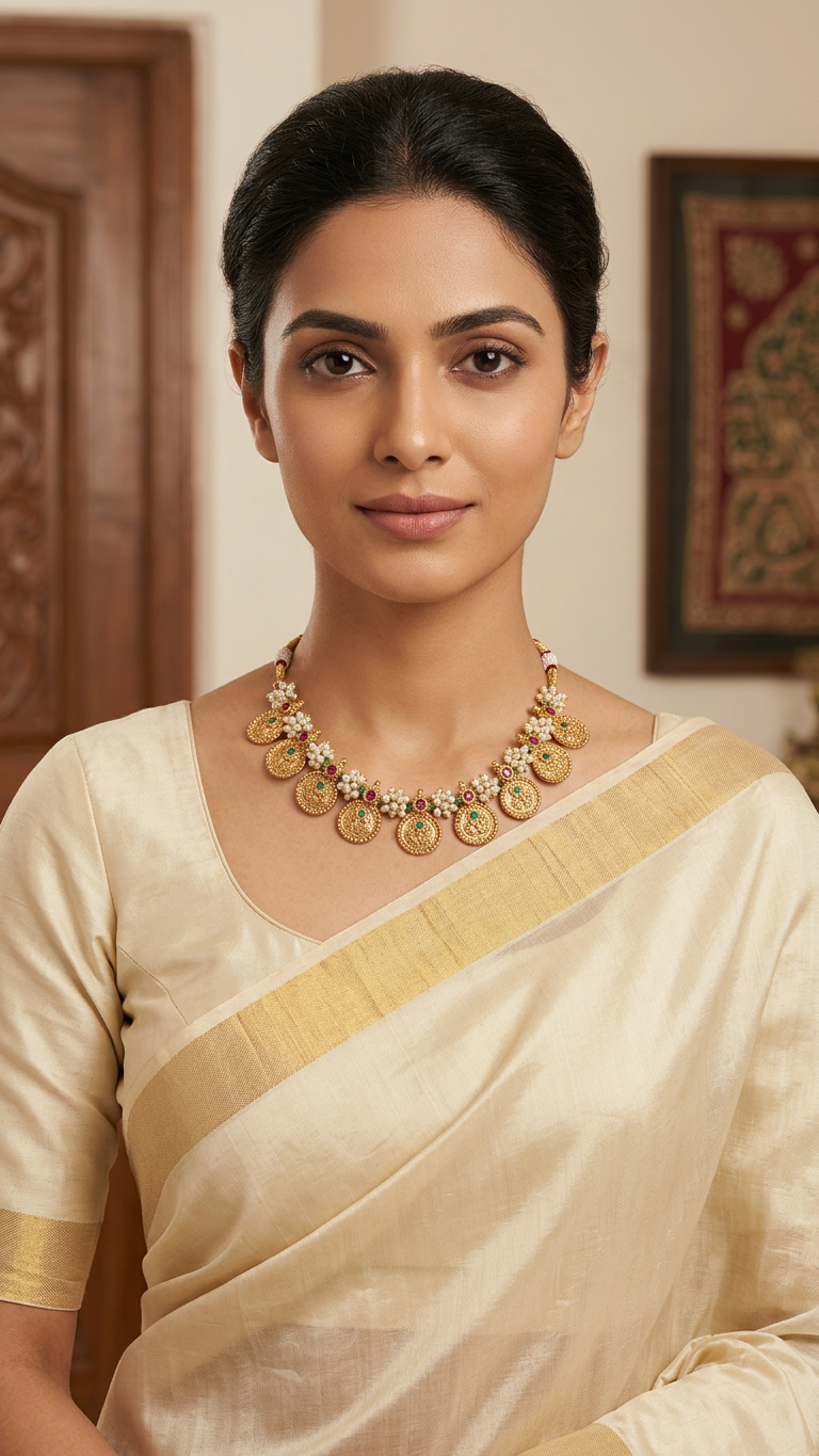 Traditional Antique Gold Pearl & Kemp Kasu Mala Set