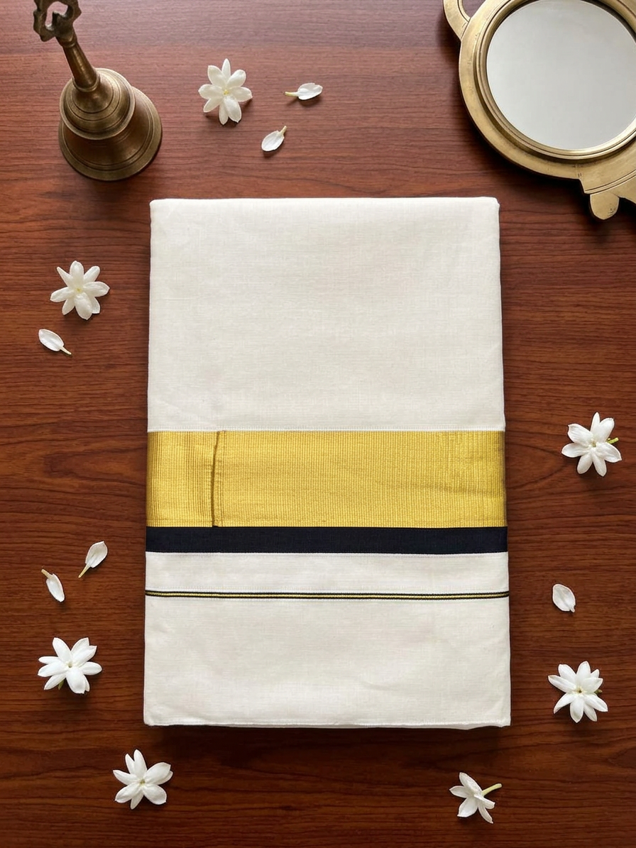 Off-White Handloom Cotton Saree with Resplendent Broad Gold Zari Border and Striking Midnight Black Edge Detailing