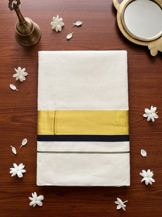 Off-White Cotton Saree with Resplendent Broad Gold Zari Border and Striking Midnight Black Edge Detailing