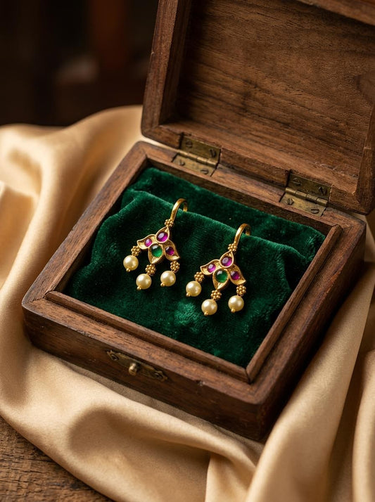 Traditional Antique Gold Tulip Motif Clip-On Bugadi with Ruby, Emerald & Pearl Drops