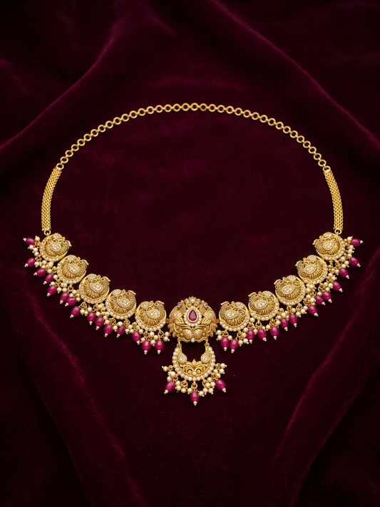 Antique Gold Ruby Drop Temple Vaddanam