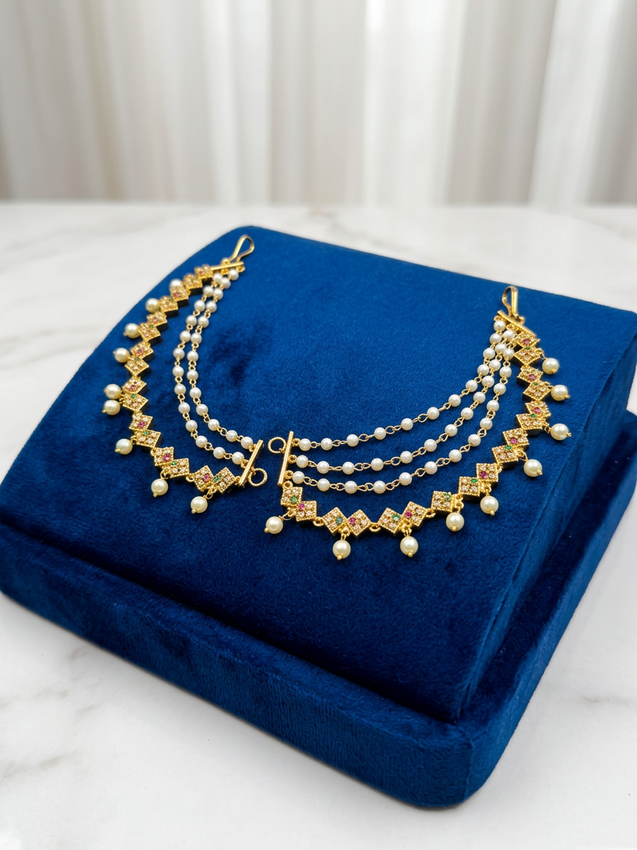 Geometric Gold & Pearl Multi-Layered Ear Chains (Maatal)