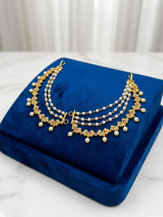 Geometric Gold & Pearl Multi-Layered Ear Chains (Maatal)