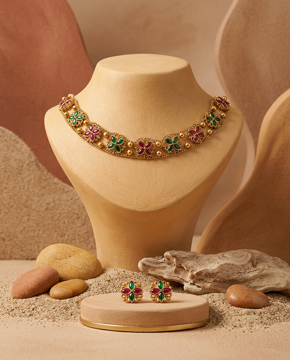 Gold Ruby & Emerald Floral Choker Necklace Set