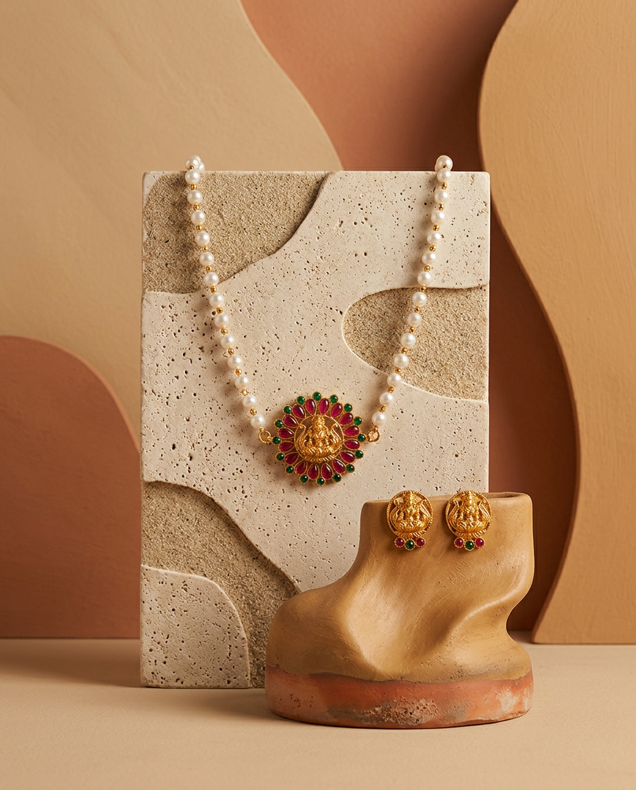 Pearl String & Ruby Emerald Lakshmi Medallion Necklace Set