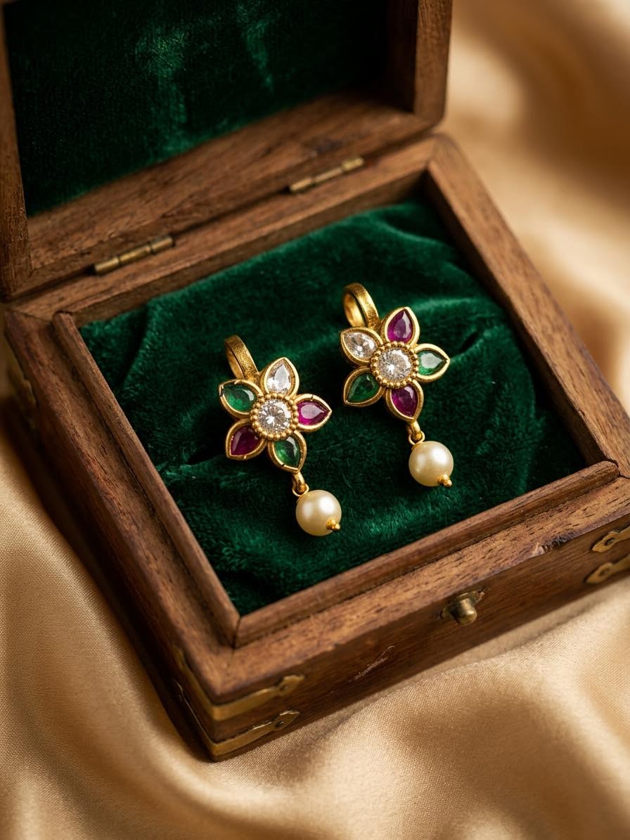 Traditional Antique Gold Multicolor 5-Petal Floral Clip-On Bugadi with Pearl Drop