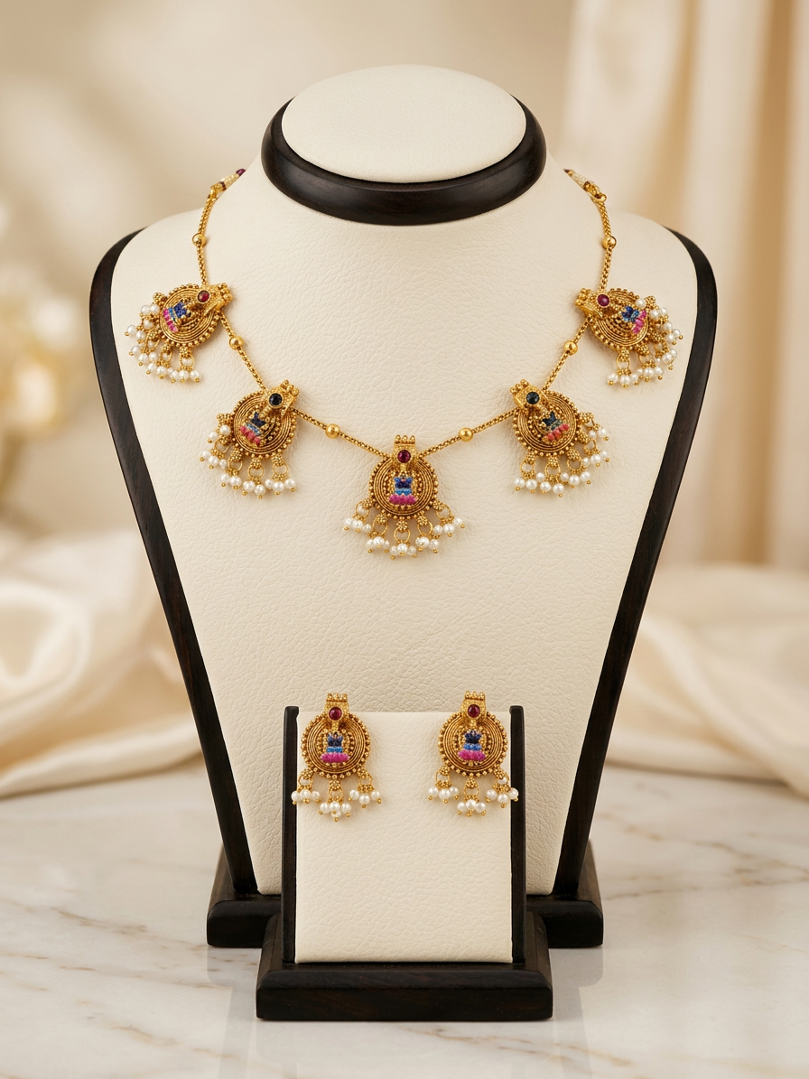 Meenakari Chandrika Antique Gold Chandbali Drop Choker Set