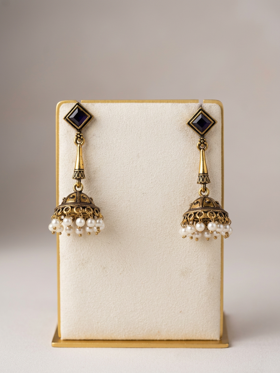 Rhombus Stone Antique Gold Pearl Jhumka Earrings