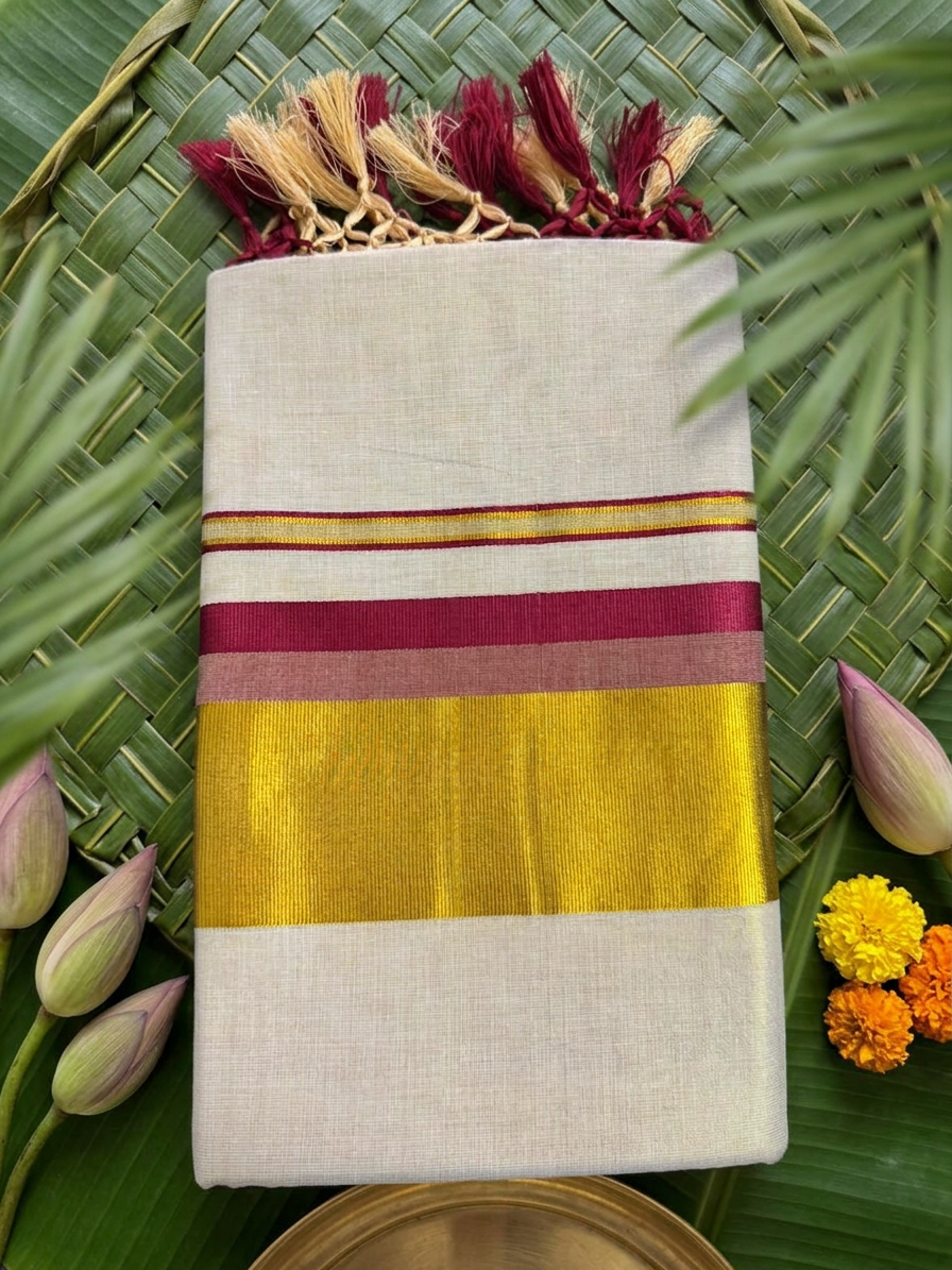 Nandini Ivory Tissue Saree with Maroon & Gold Zari Border & Macrame Tassels