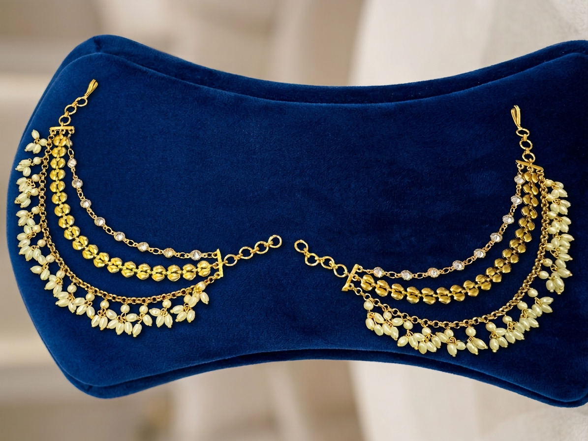 Gold & Pearl Clustered Multi-Layered Ear Chains (Maatal)