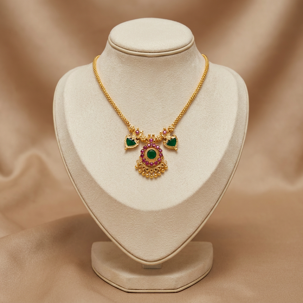 Traditional South Indian Antique Gold Kemp Necklace with Green Stones