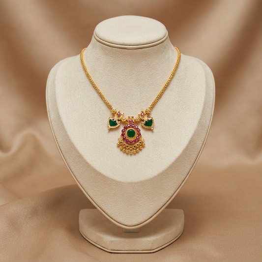Traditional South Indian Antique Gold Kemp Necklace with Green Stones