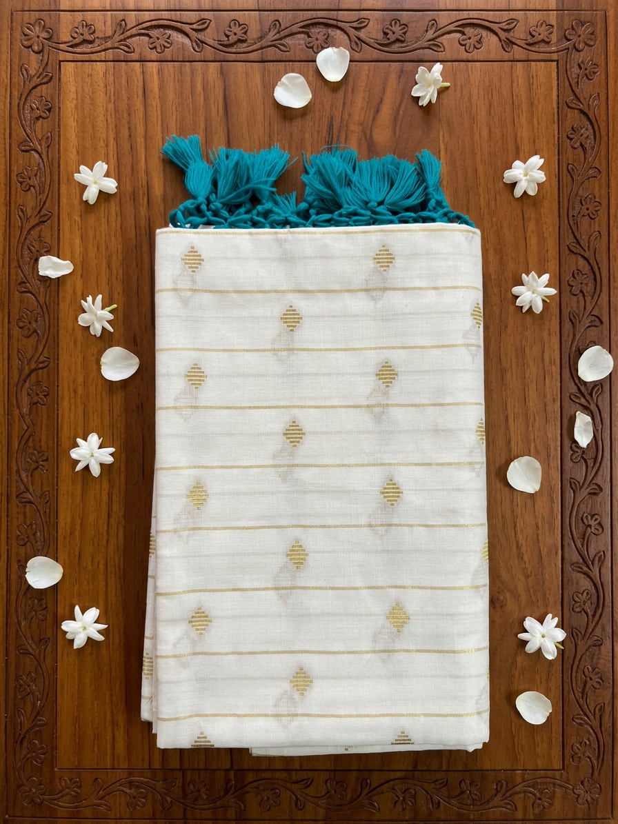 Golden Stripe MulCotton Saree with Teal Tassels & Blouse, Borderless Pattern