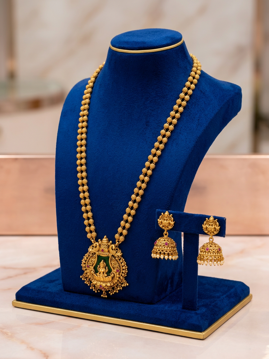 Antique Gold Double-Strand Lakshmi Haram & Jhumka Set