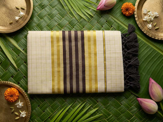 Devika Golden Check Tissue Saree with Bold Mocha & Gold Border