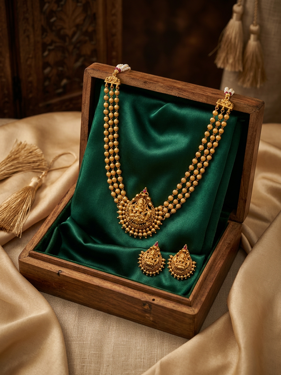 Triple-Strand Gold Beaded Lakshmi Choker Set