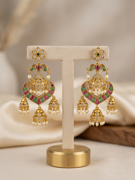 Jadayu Kundan Maharani Multi-Stone CZ Triple Jhumka Statement Earrings