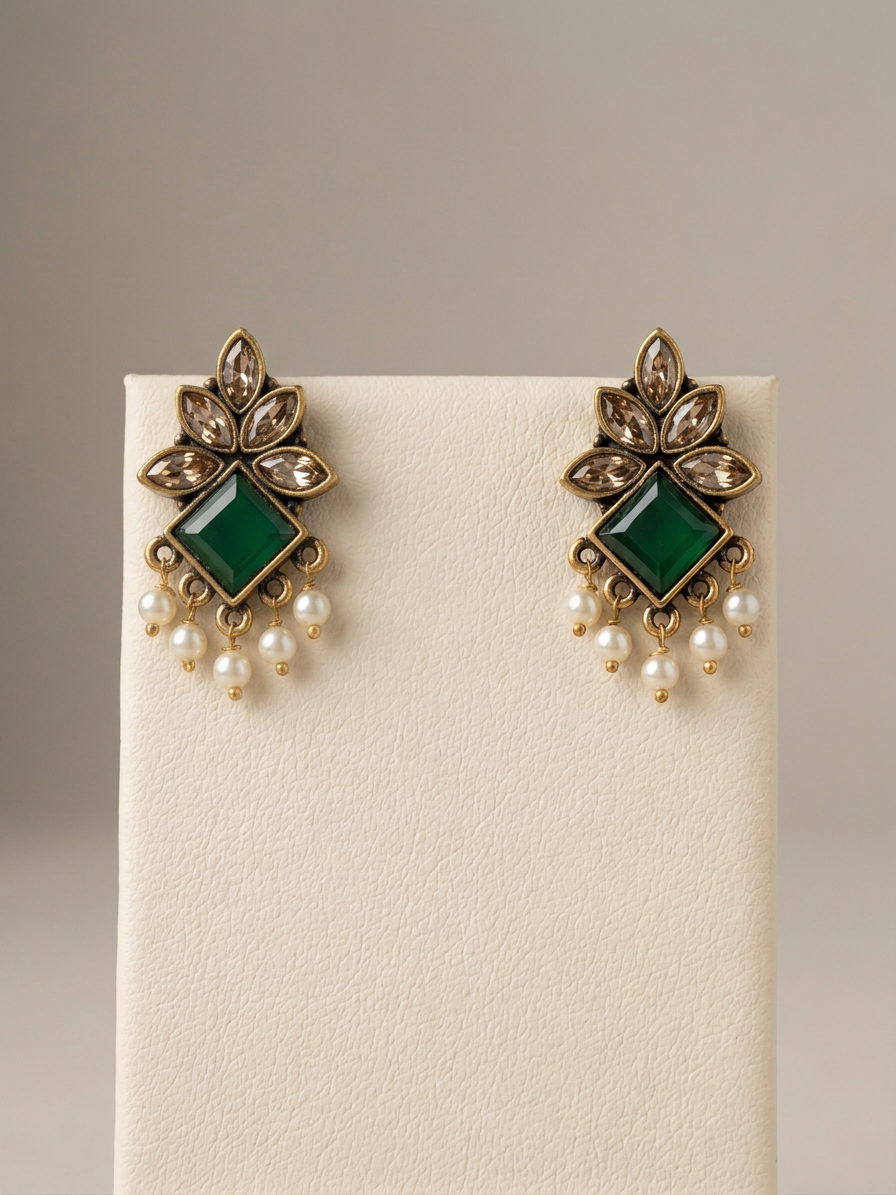 Geometric Diamond Stone & Pearl Antique Stud Earrings