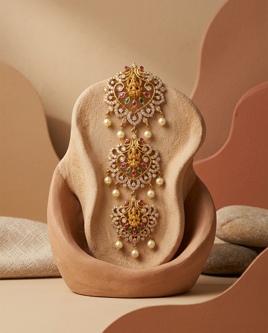 Gold Goddess Lakshmi CZ & Pearl Three-Tiered Jada Billa