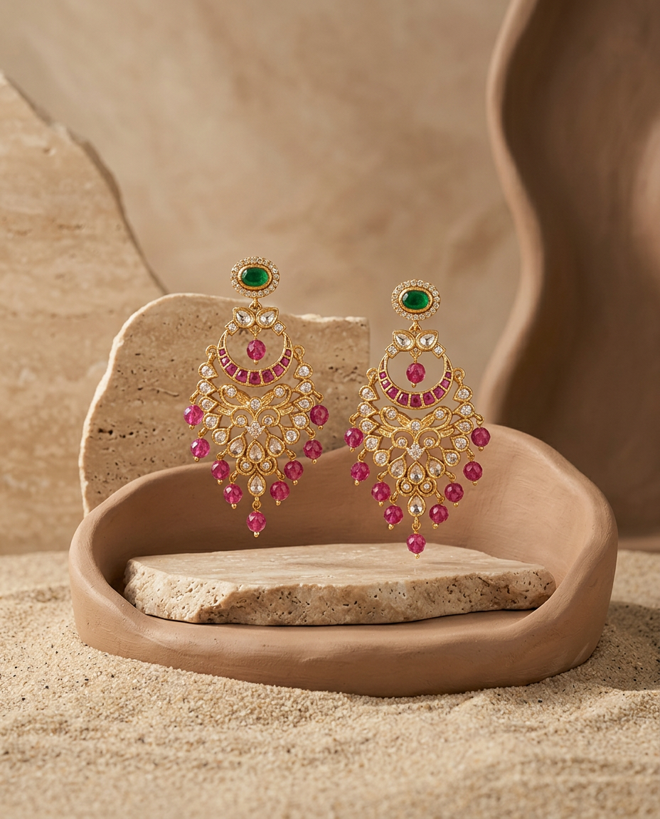 Gold Uncut Kundan & CZ Grand Chandbali Chandelier Earrings