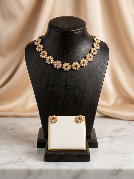 Mogra Pearl & Stone Floral Gold Choker Set