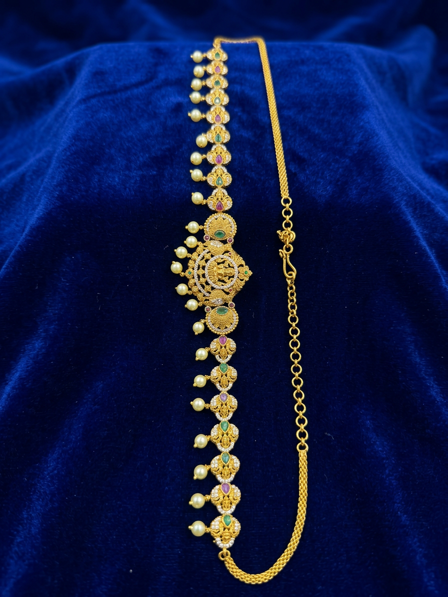 Antique Gold Lakshmi Motif CZ & Pearl Bridal Vaddanam